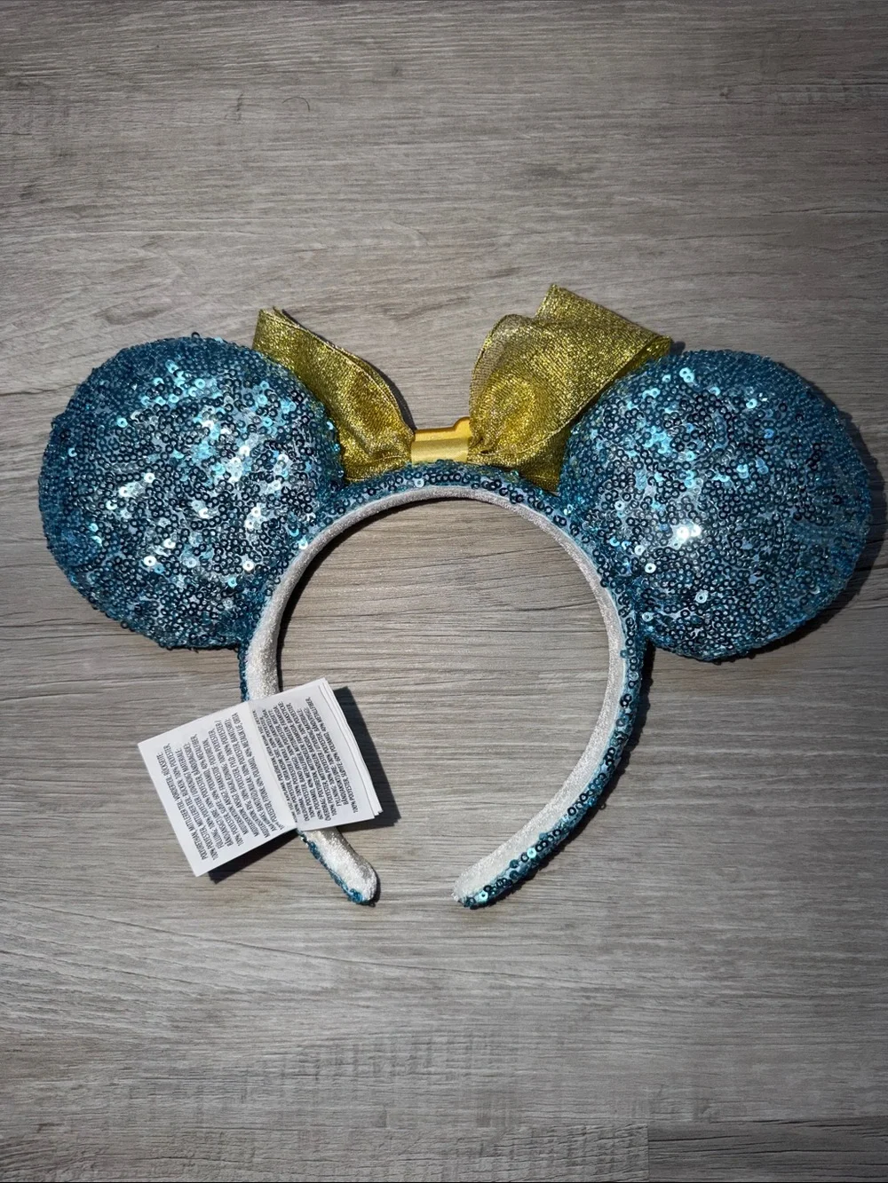 Disney Blue Sequin Minnie Ears Headband with Gold Bow Walt Disney World